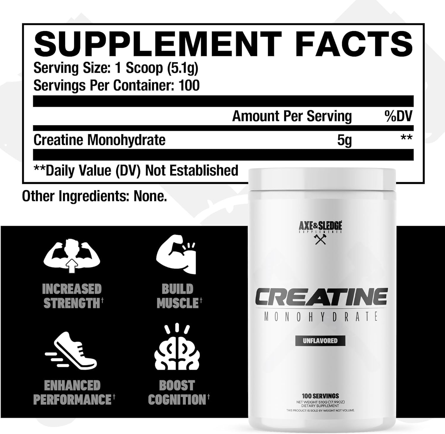 Axe & Sledge Basics Creatine | Unflavored, Enhances Strength & Performance, Increases Lean Body Mass, 50 Servings | Pure Creatine Monohydrate, No Fillers or Artificial Substances | 100 Servings — Amazon image 2