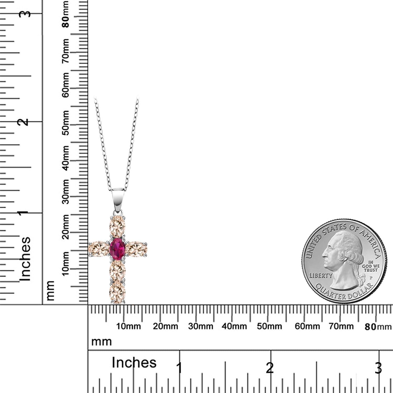 Gem Stone King 925 Sterling Silver Peach Morganite and Red Created Ruby Cross Pendant Necklace for Women | 3.00 Cttw | Gemstone October Birthstone | Oval 6X4MM | With 18 Inch Chain - Image 6