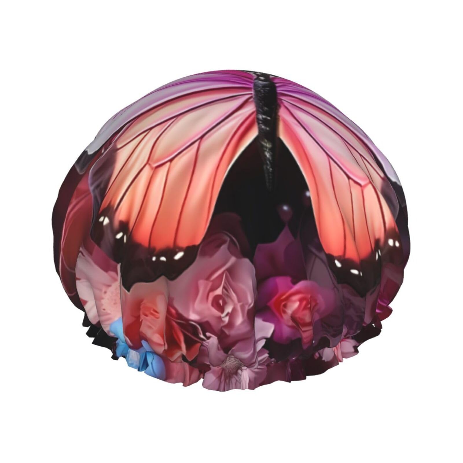 Mariposas y Flores Gorro de ducha doble impermeable para mujer, gorro de baño y ducha para el hogar, gorro de ducha reutilizable, gorro de ducha para mujer,