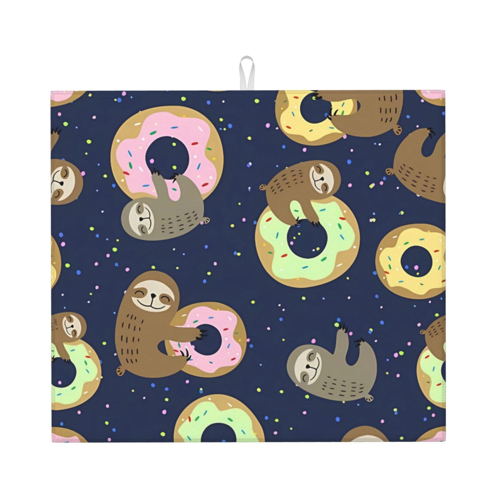 HJFCZH Sloth With Doughnuts Prints Kitchen Drying Mat – Absorbent Dish Throw for Countertops, Quick-Dry Non-Slip Layer with Colorful Designs, for New Kitchens