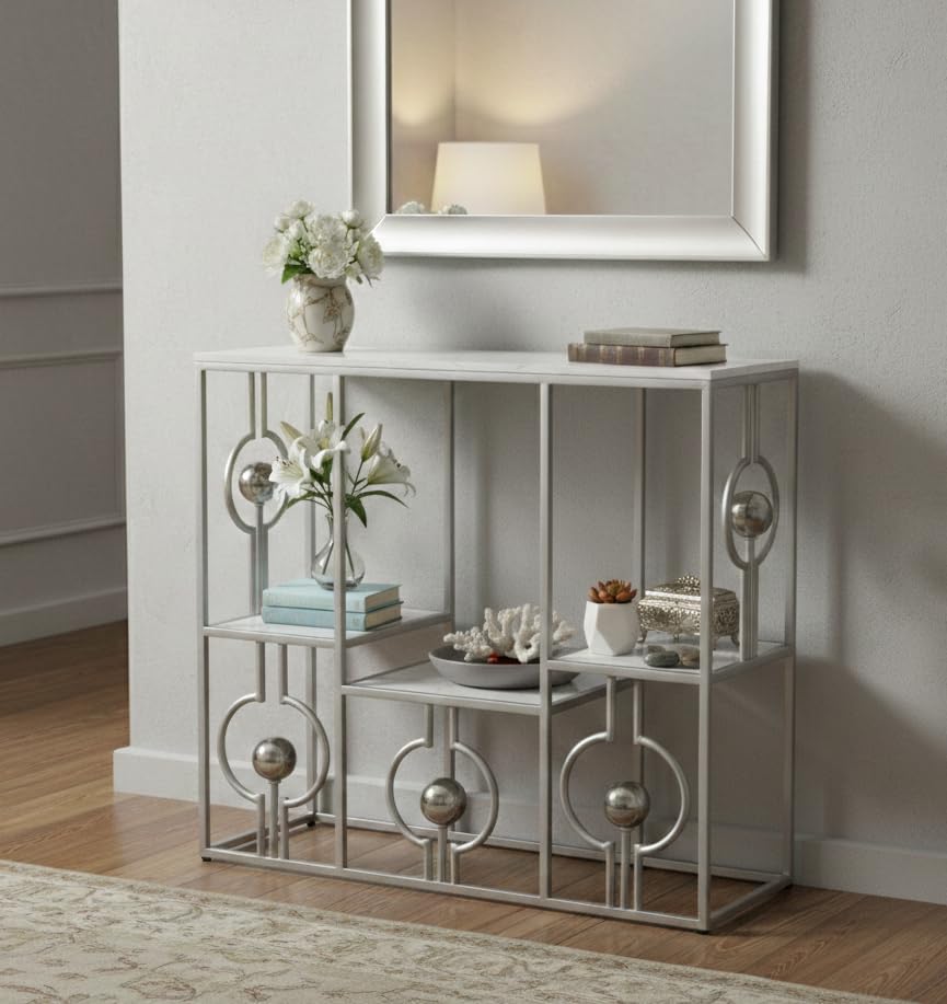 Image of Console Table with Storage, Modern Engineered Wood, Gold Metal Frame with Decorative Spheres, 30x30x7.5 Inch (Gry White)