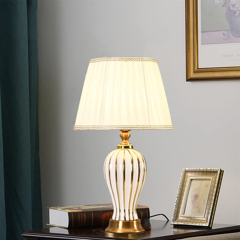 Mengjay Keramik Tischlampe Tischleuchte Nachttischlampe,Nachttisch Lichtdekoration aus Stoff Lampenschirm Tischleuchte für Wohnzimmer Schlafzimmer Leselampe (Weiß)