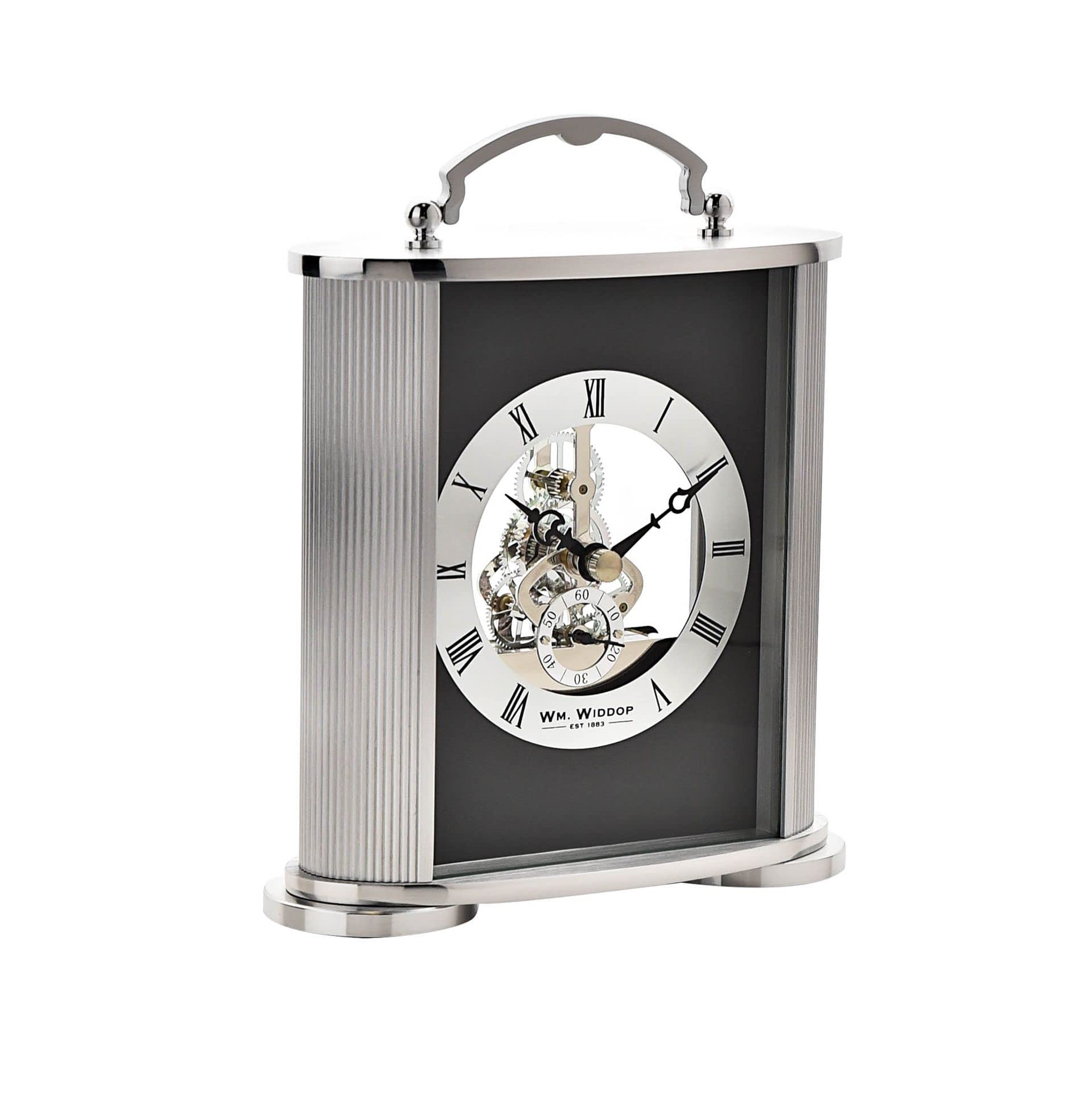 Widdop Silver & Black Mantel Clock with Skeleton Movement and Brushed Aluminium Frame - Image 2