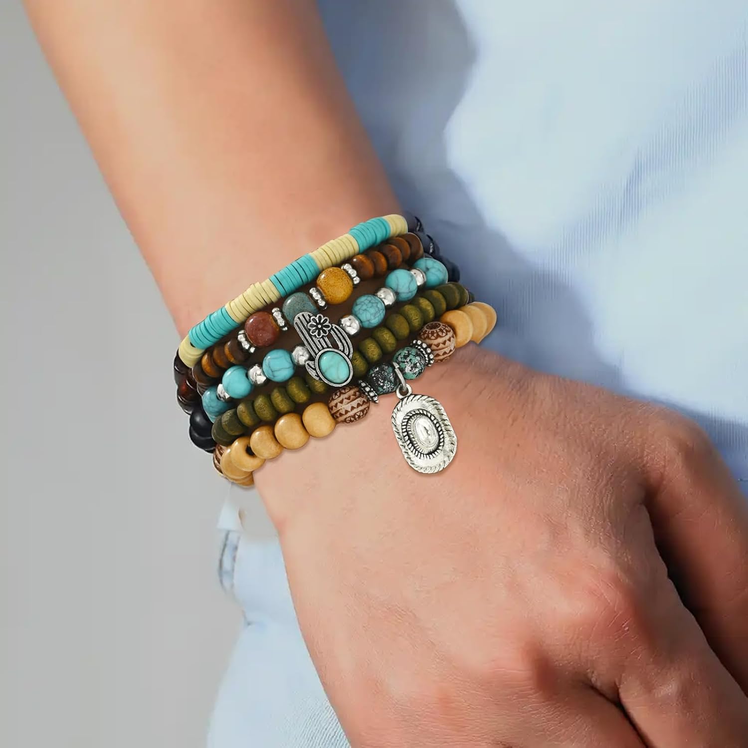 5Pcs Bohemian Beaded Bracelet, Western Turquoise Bracelets Handmade Stackable Beaded Stretch Bracelet Vintage Country Cowgirl Jewelry Accessories for Women - Image 7