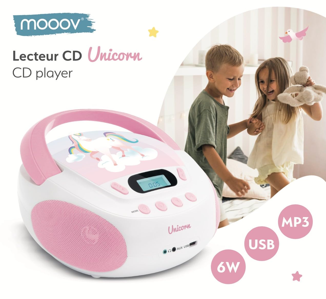 Mooov 477407 - Reproductor de CD portátil, Lector CD Audio CD-R/CD-RW, Puerto USB para MP3, Sonido estéreo de 6W, asa ergonómica, Unicornio