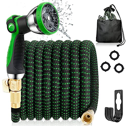 Expandable Garden Hose 50ft - Water Hose with 10 Function Nozzles Extra Strength 3750D Kink Free Flexible Hose with Solid Brass Fittings and Hose Holder