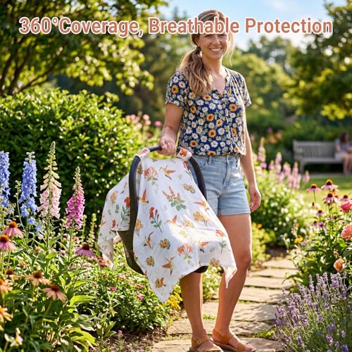 Image of Metplus Car Seat Cover Baby, 100% Muslin Cotton Infant Carseat Covers for Boys and Girls, Lightweight Breathable Canopy, Summer Stroller Sun Shade, Newborn Travel Essentials(Hummingbird)