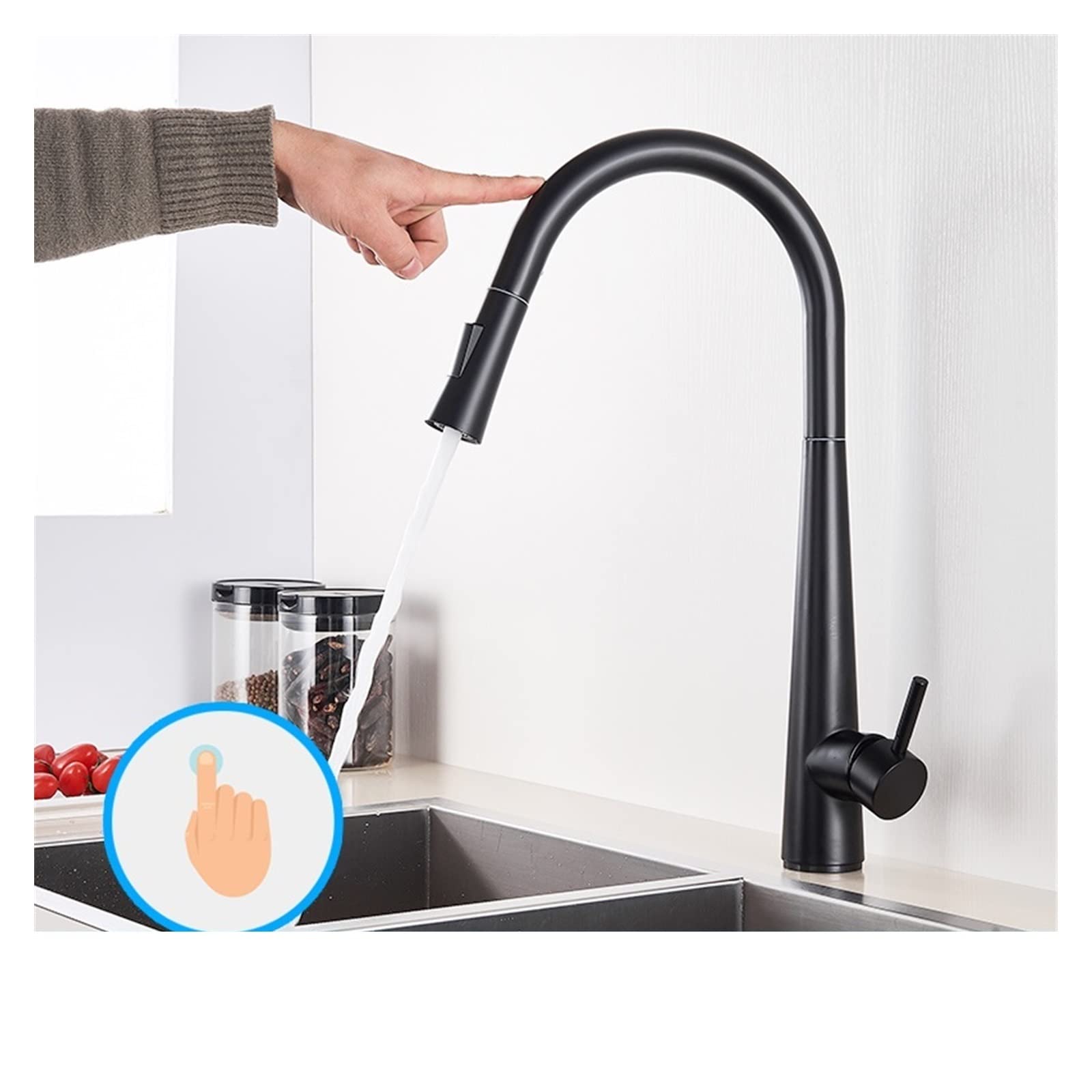 Rubinetti da Cucina con sensore Miscelatore induttivo Smart Touch Control Oro Spazzolato - Rubinetto Estraibile sensibile,Sensore-Nero Opaco