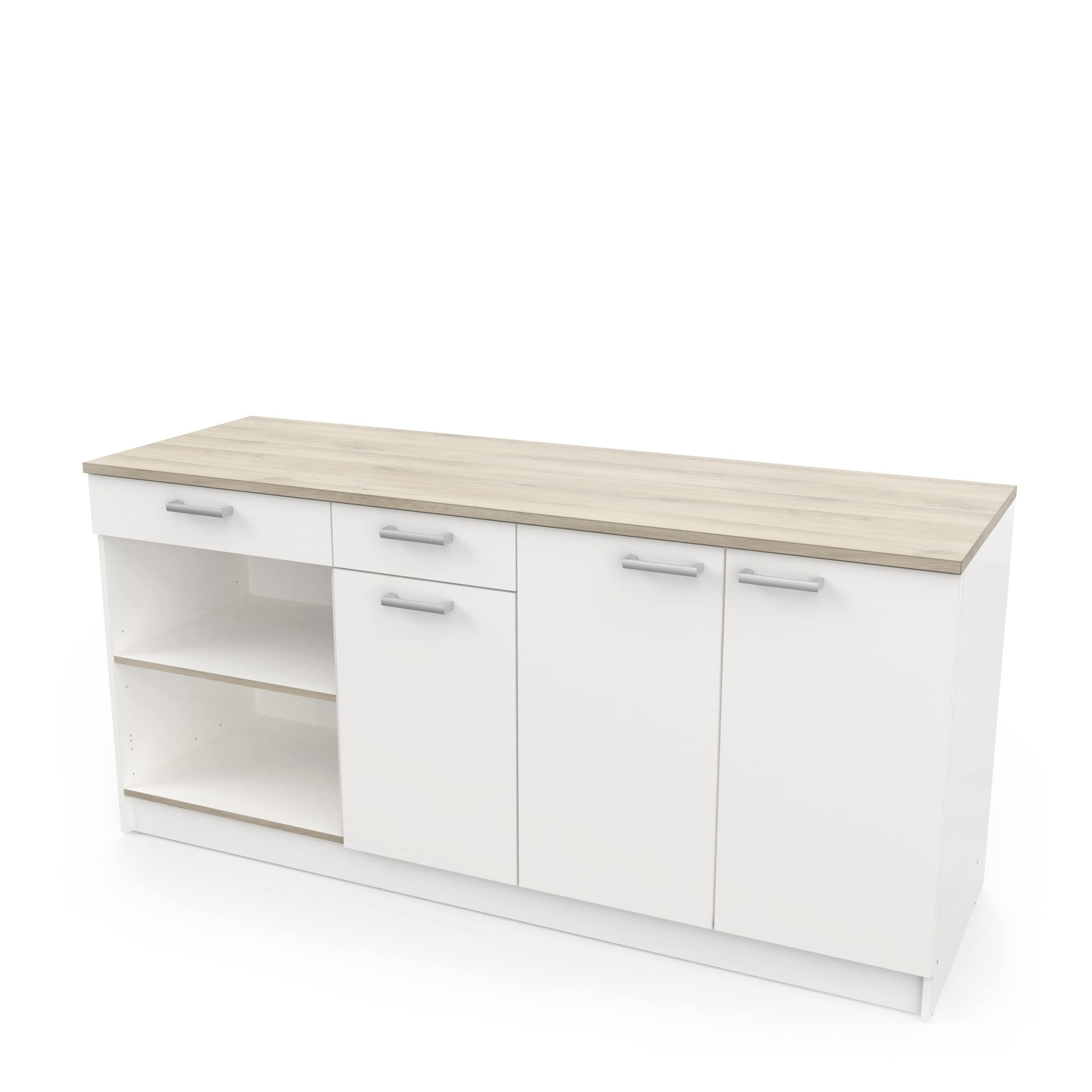 Meuble sous Evier Cuisine Bas 3 Portes 2 Tiroirs et 1 Niche – Cooking – Coloris Blanc & Chêne – 60 x 180 x 85,2 cm