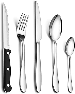 Homikit Cutlery Sets with Steak Knives, 30-Piece Stainless Steel Flatware Silverware Set Service for 6, Knives Forks Spoons for Home Kitchen Restaurant, Mirror Polished & Dishwasher Safe