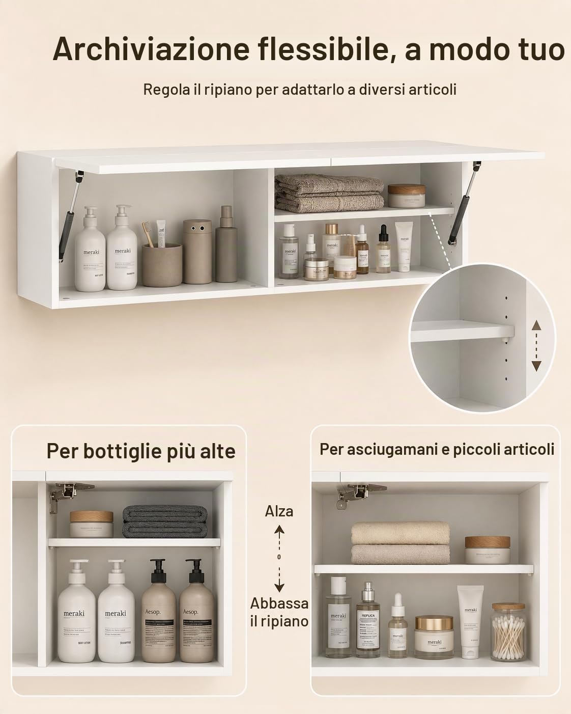 Pensile Bagno Sospeso 120 cm Bianco con Ripiano Regolabile