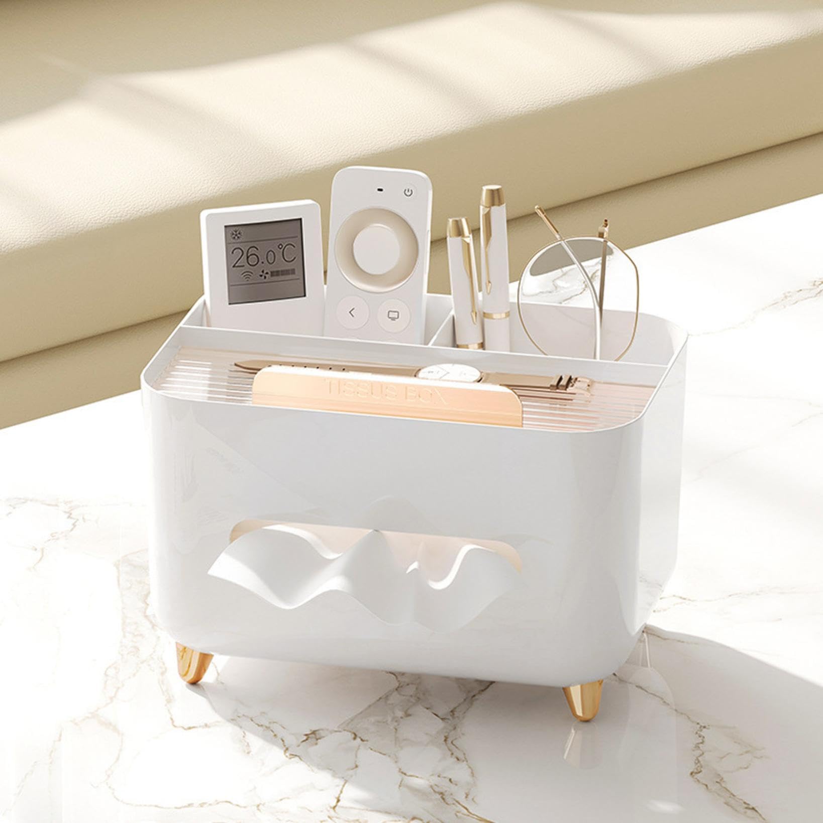 Multifunctional Tissue Box Cover Holder with Storage, Rectangular Napkin Tissue Organizer for Facial Tissues Stationery Remote Control, Decorative Box