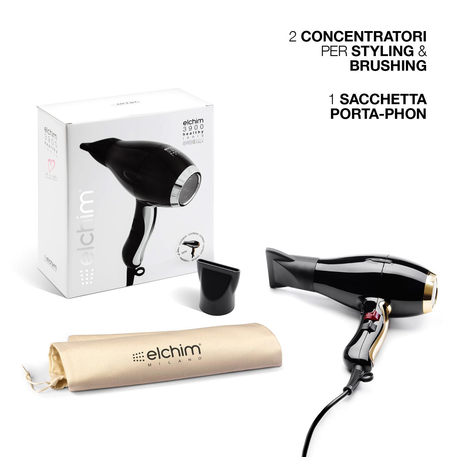 Phon per Capelli Elchim 3900 Healthy Ionic Black & Gold Presa Schuko con Sacchetta in Cotone - Asciugacapelli Professionale Made in Italy - Leggero e Silenzioso, Asciugatura Ridotta del 30%, 2400W