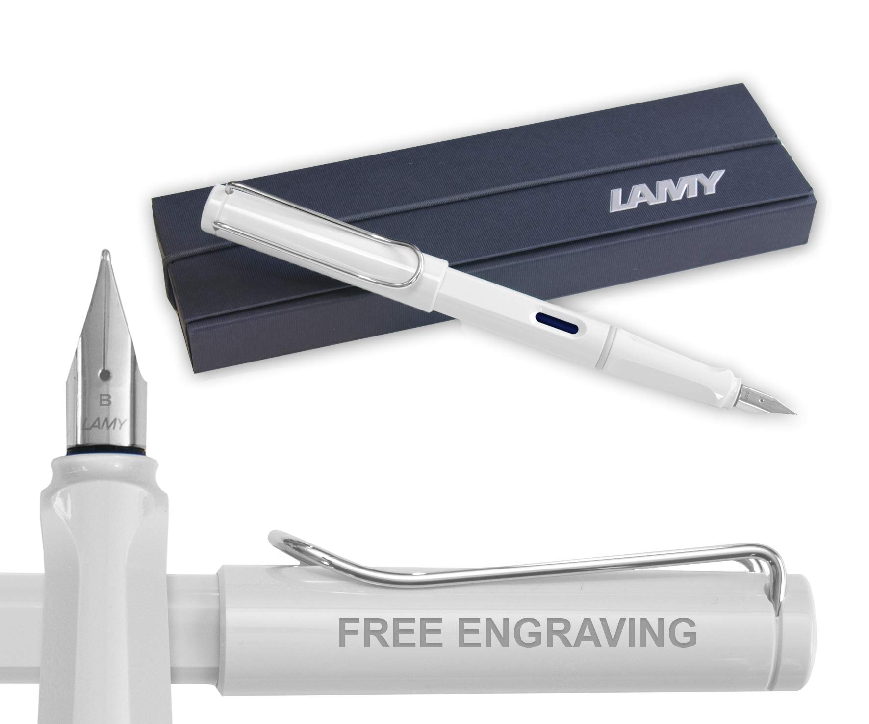 Personalised Lamy Safari White Fountain Pen - Gift box - Choose with or without Engraving- Model Lamy white 019 (Broad Nib)