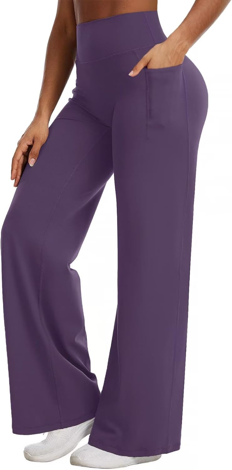 Flamingals Straight Leggings Wide Leg Yoga Pants with Pockets for Women High Waisted Hidden Scrunch Workout Pants