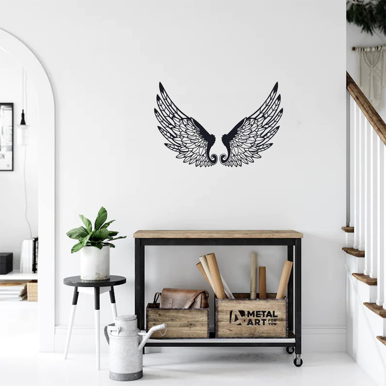 OMaju Décoration Murale Sculpture Murale Moderne en métal élégant avec Ailes d'ange, Sculpture Murale créative Faite à la Main, décoration Artistique en Fer forgé (105 cm)