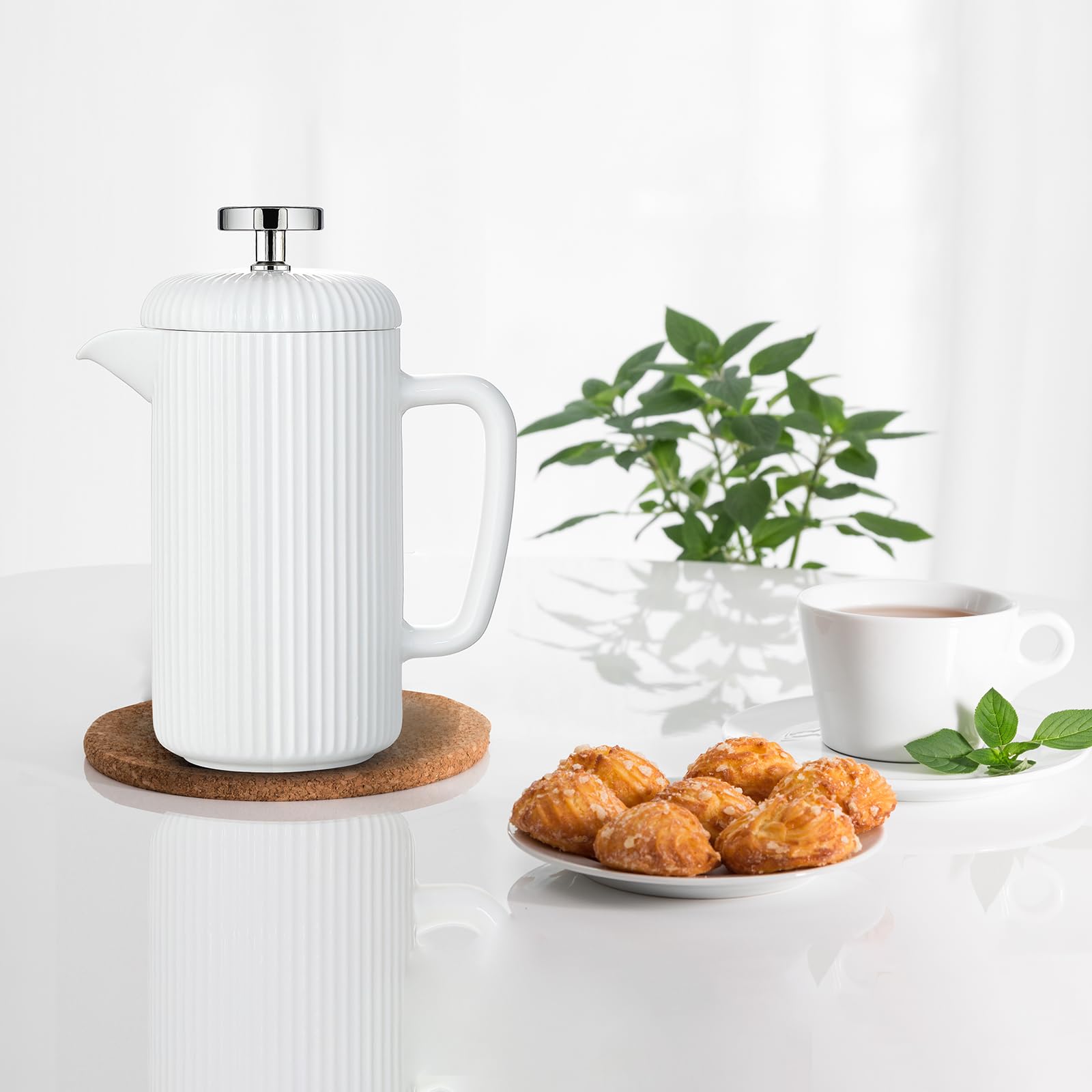 Easyworkz French Press in porcellana da 650 ml, caffettiera con stantuffo in acciaio inossidabile, avorio