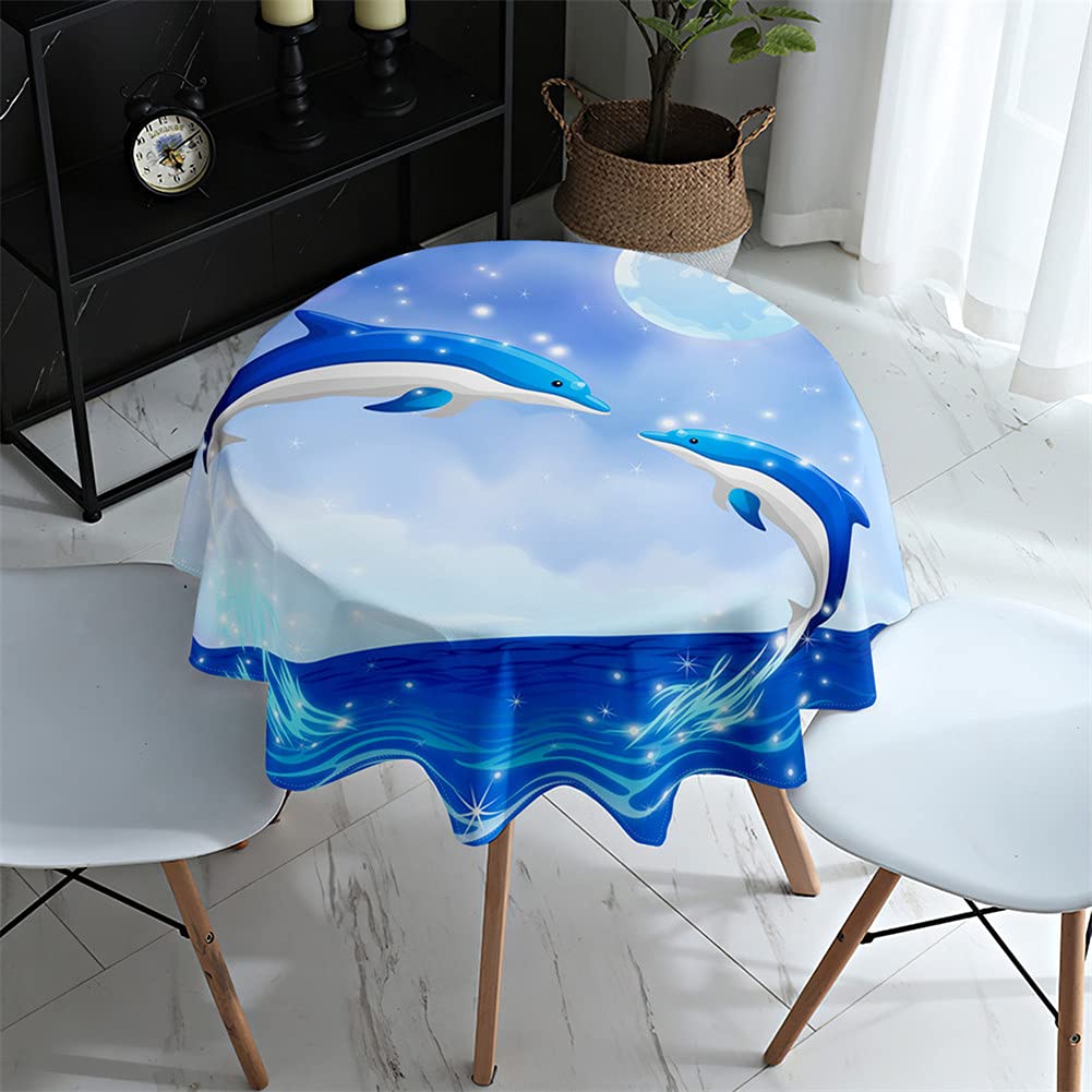 Morbuyshop Blue Dolphin Morbuy Round Tablecloth For Circular Table, 3D Marine Animals Print Tablecloths Waterproof Stain Resistant Wipeable Table Cloths For Home Party Kitchen Dinning (,Diameter 100Cm)