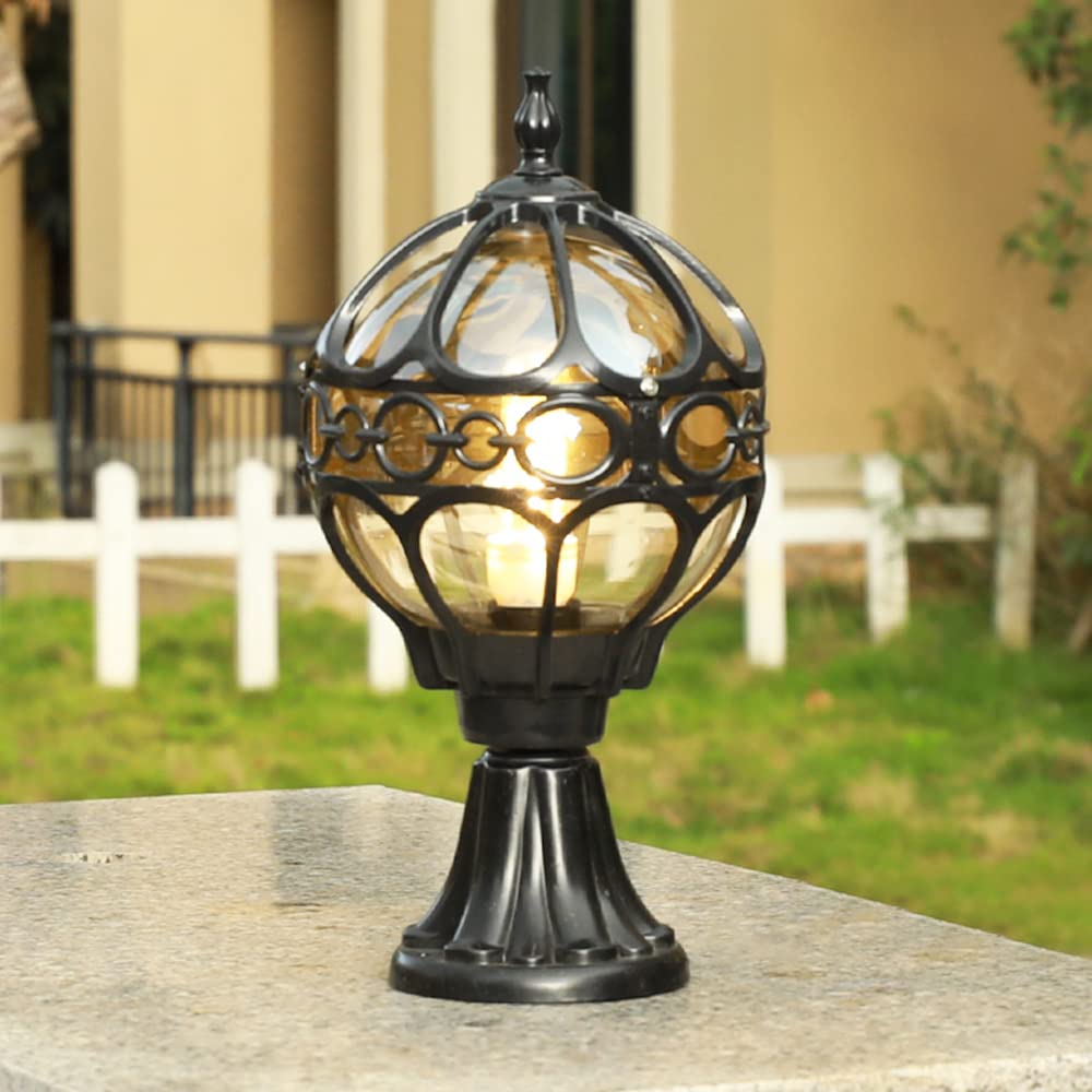 Luces de columna al aire libre de estilo europeo Lámpara de base rústica en cristal antiguo IP23 impermeable E27 jardín columna lámpara de aluminio globo paisaje iluminación (Black)