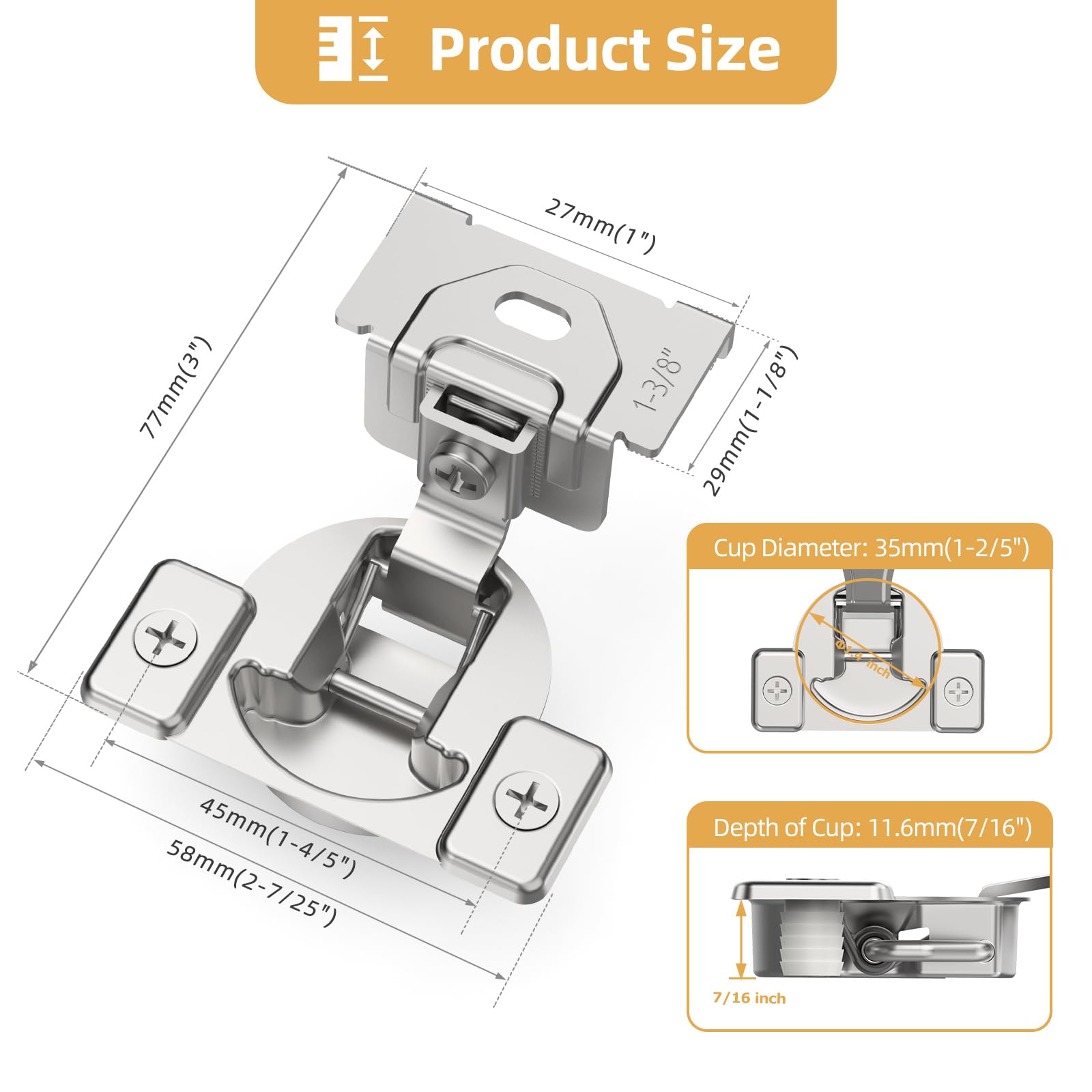 Furniware Confezione da 20 cerniere regolari con chiusura ammortizzata da 3,5 cm, per telaio della cucina, anta dell'armadio, chiusura automatica, angolo aperto di 105 gradi