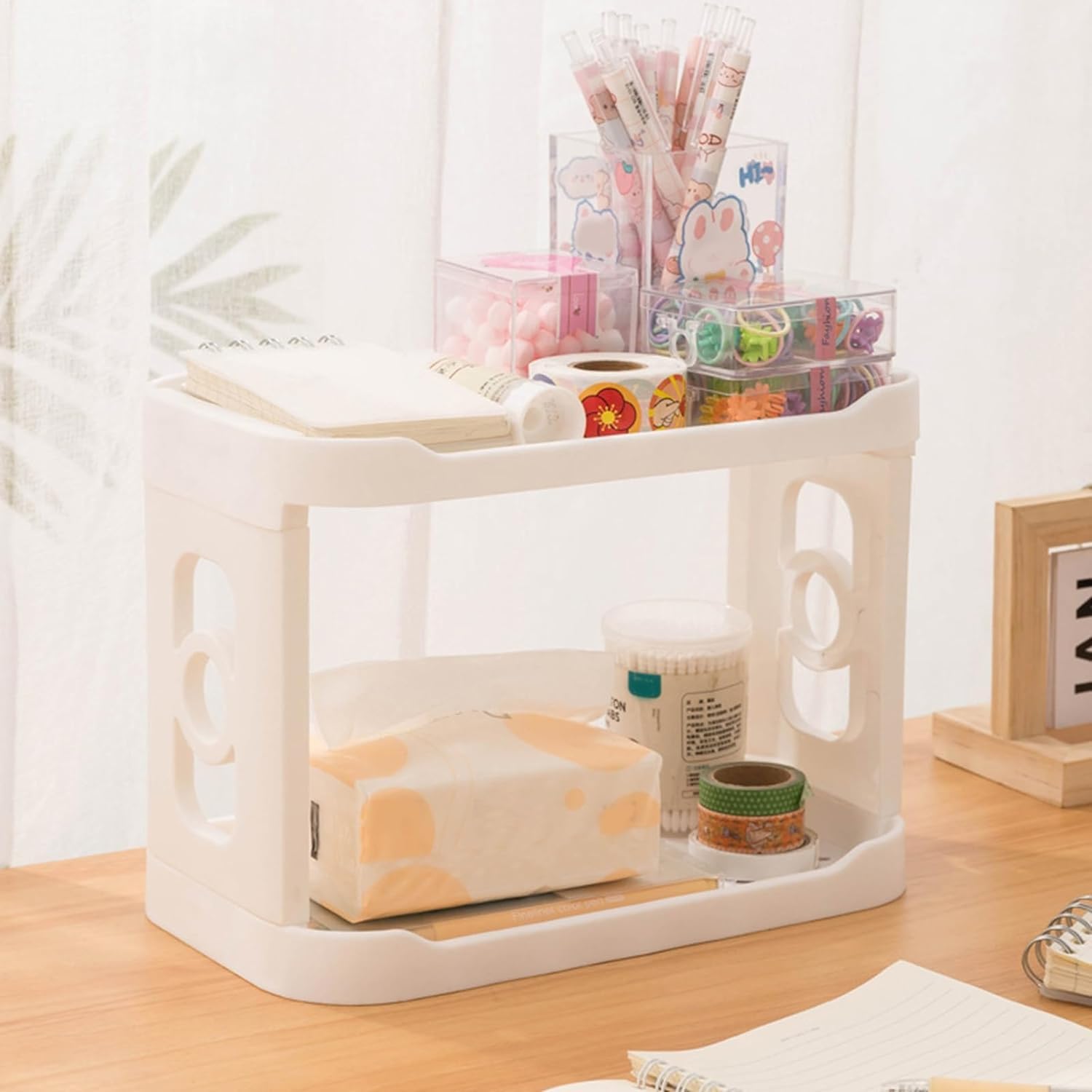 Double Layer Foldable Rack For Cosmetics , Desktop, Kitchen, Bathroom Accessories Organizer Multifunctional Desktop Double-Layer Plastic Storage Shelf (Set Of 1), White-image-42
