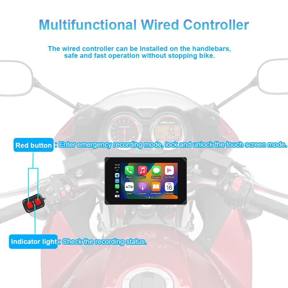 VSYSTO 5 Pollici motocicletta Carplay Touchscreen, Wireless Carplay e Android Auto,Navigazione GPS,sensori di pressione pneumatici,WiFi motocicletta Dash Camera 1080P fotocamera anteriore e posteriore