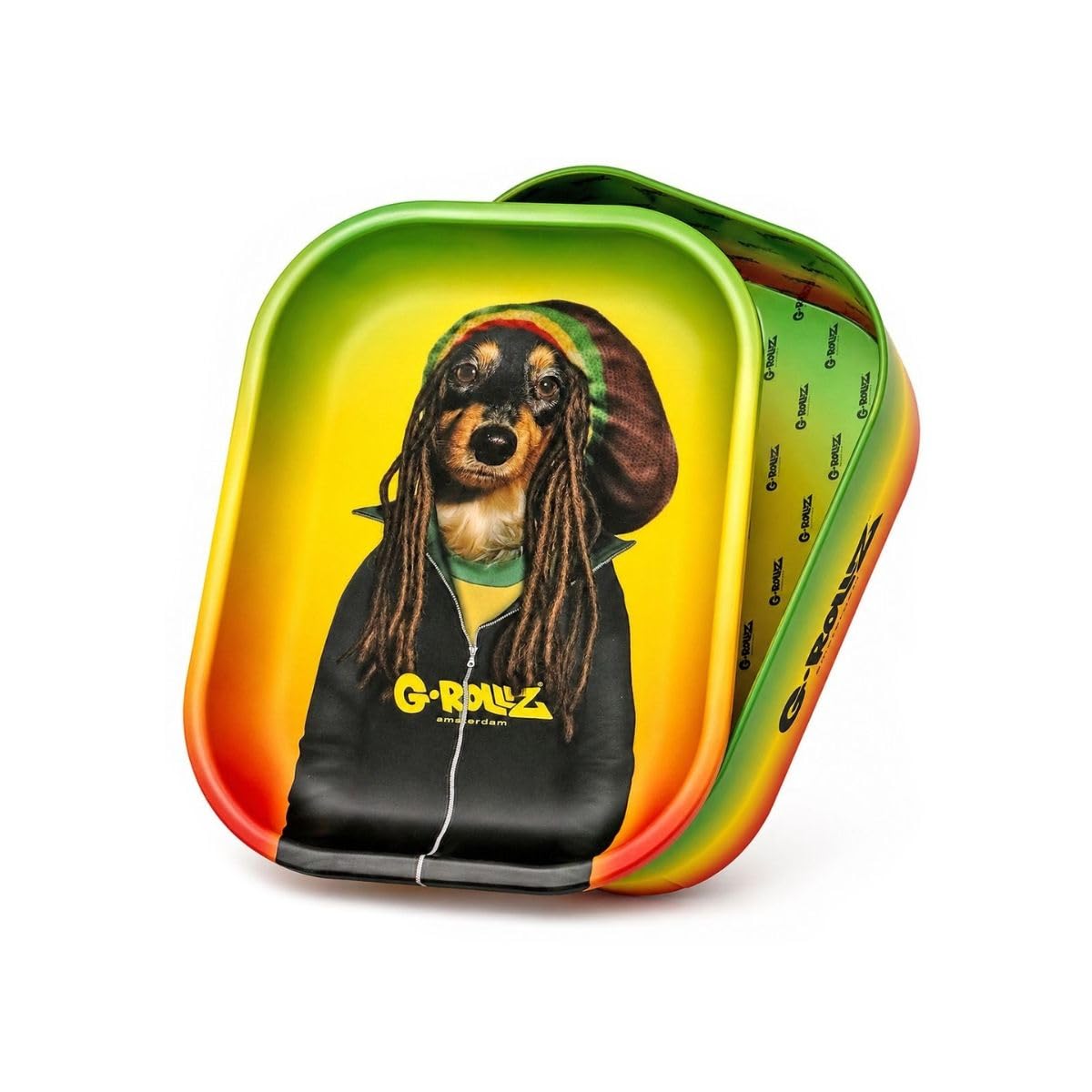 Smokers Store G-Rollz Medium Metal Storage Box and Rolling Tray Lid, 17cm x 13cm x 7cm, 7 Designs (Reggae Dog)