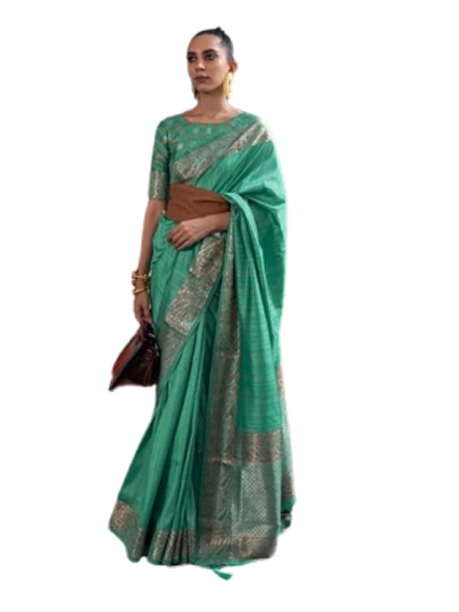 Blusa sari de seda tejida con textura de mujer india 7345 (verde)