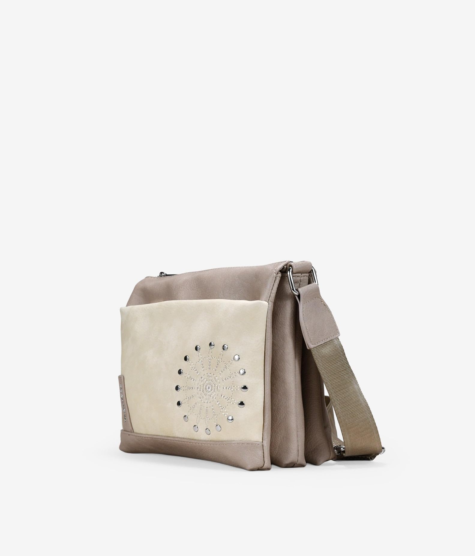 BOSANOVA Bolso Bandolera pequeño para Mujer con Bordado Decorativo con tachas y asa de Cruzar Regulable. Tres Compartimentos y Cierre con Cremallera. Beige U
