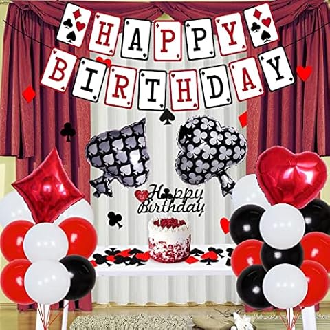 Poker Birthday Party Supplies, Casino Theme Party Decorations Set Happy Birthday Banner, Poker Foil Balloons, Cake Toppers Confettis for Las Vegas Party Decorations, Casino Night for Men Women Cover