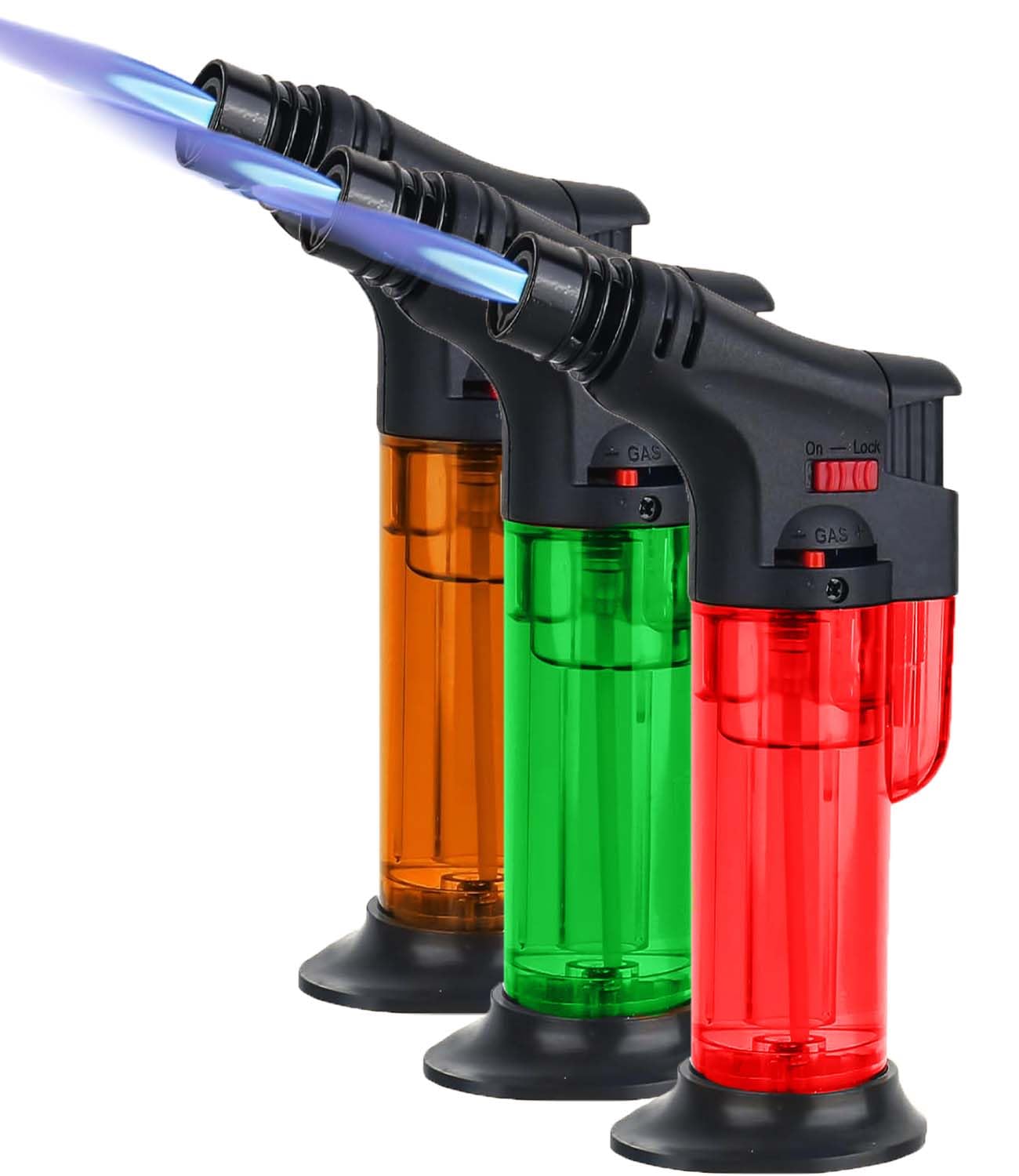 ADAK Butane Torch Lighter Set, 3-Pack Refillable Jet Flame, Windproof with Safety Lock, Multi-Purpose for Candles, Fireplaces, Grill and Camping|Kitchen Blow Torch(Assorted Colors)(Gas- Filled)