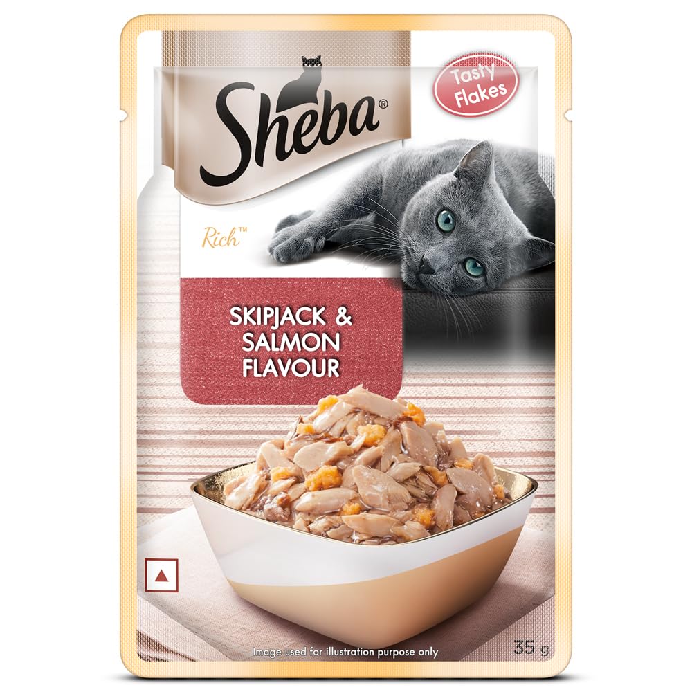 Sheba Rich Premium Adult (1+ Years) Wet Cat Food, Skipjack & Salmon Flavour, 35 g Pouch, High-Moisture Wet Food for Healthy Hydration