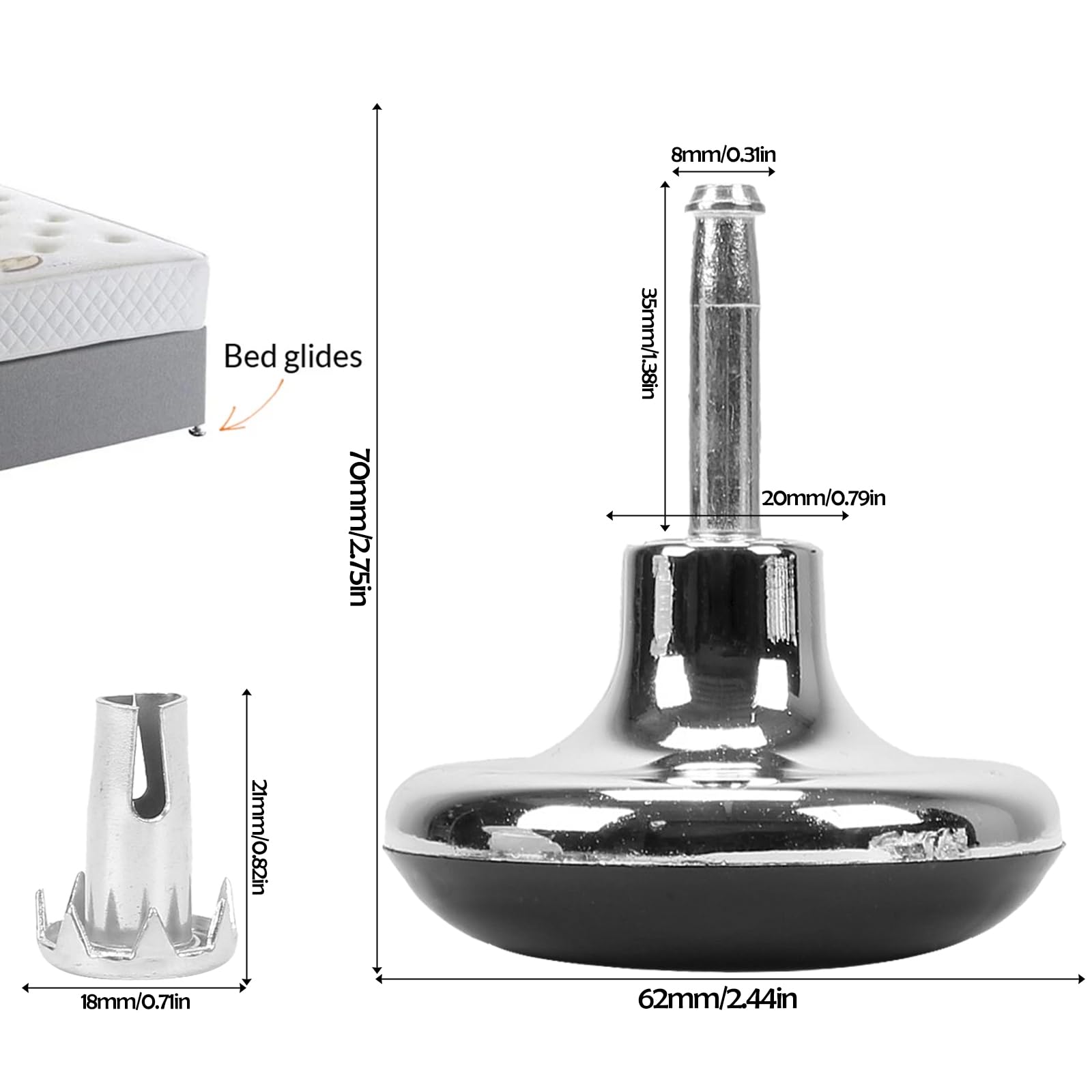 Minnhua 8 Pcs Furniture Legs Bed Castors Gliders with Metal Inserts for Beds Sofas Footstools Replacement for Castors Furniture Bed Chrome Feet Leg Glides Castors and Insert Fitting - Image 2