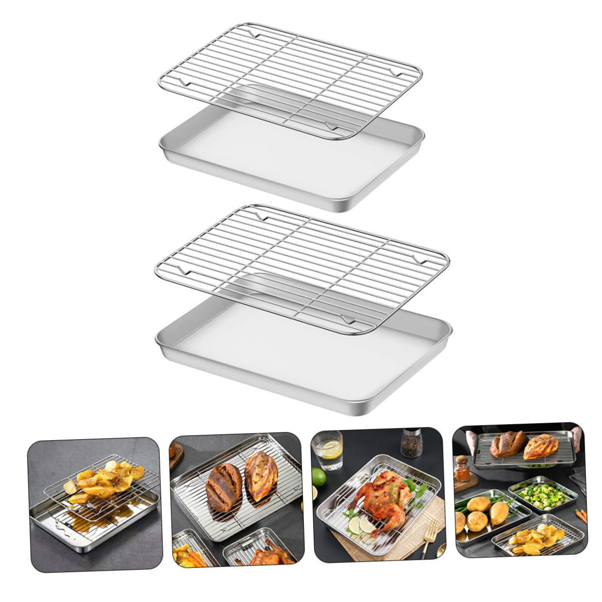 Juego 2 Bandejas Para Hornear Con Rejilla De Acero Inoxidable 430 210 Acero Inoxidable Resistente Para Cocinar y Enfriar, Uso Horno Para Pan, Pasteles, Galletas, Tamaño Compacto