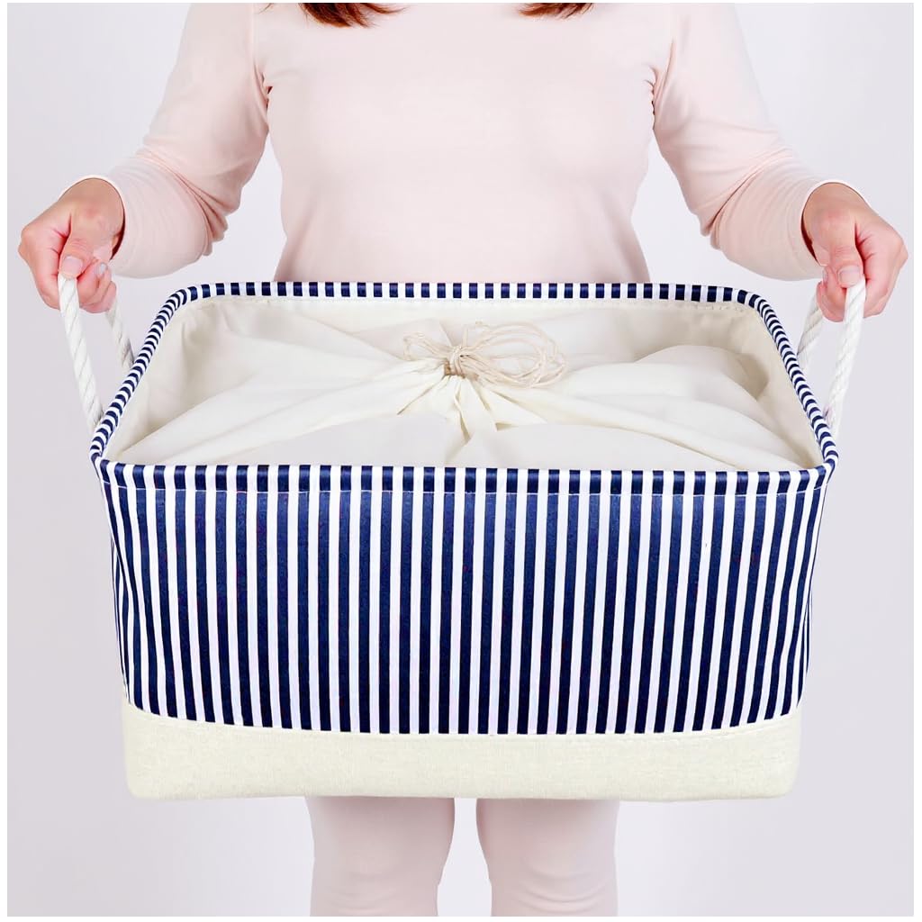 Mangata Foldable Storage Box, Thickened Fabric Shelf Storage Basket with Handles for Clothes, Toys(XXLarge, Blue Stripe)