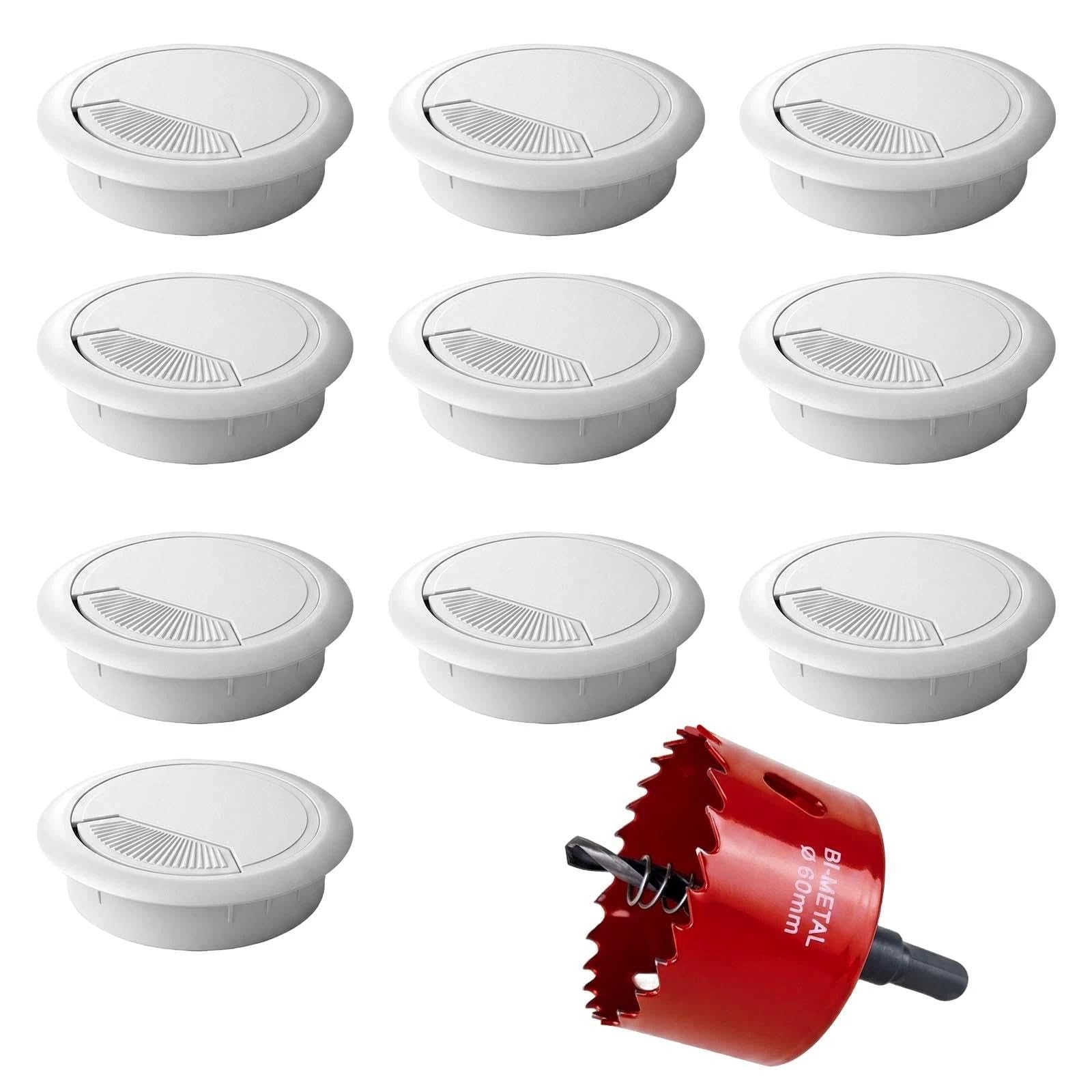 HHXUUAN White Desk Grommet Cable Management System 60mmx10pcs with Professional Hole Saw, Reinforced ABS Cable Organiser for Home Office Computer Desks