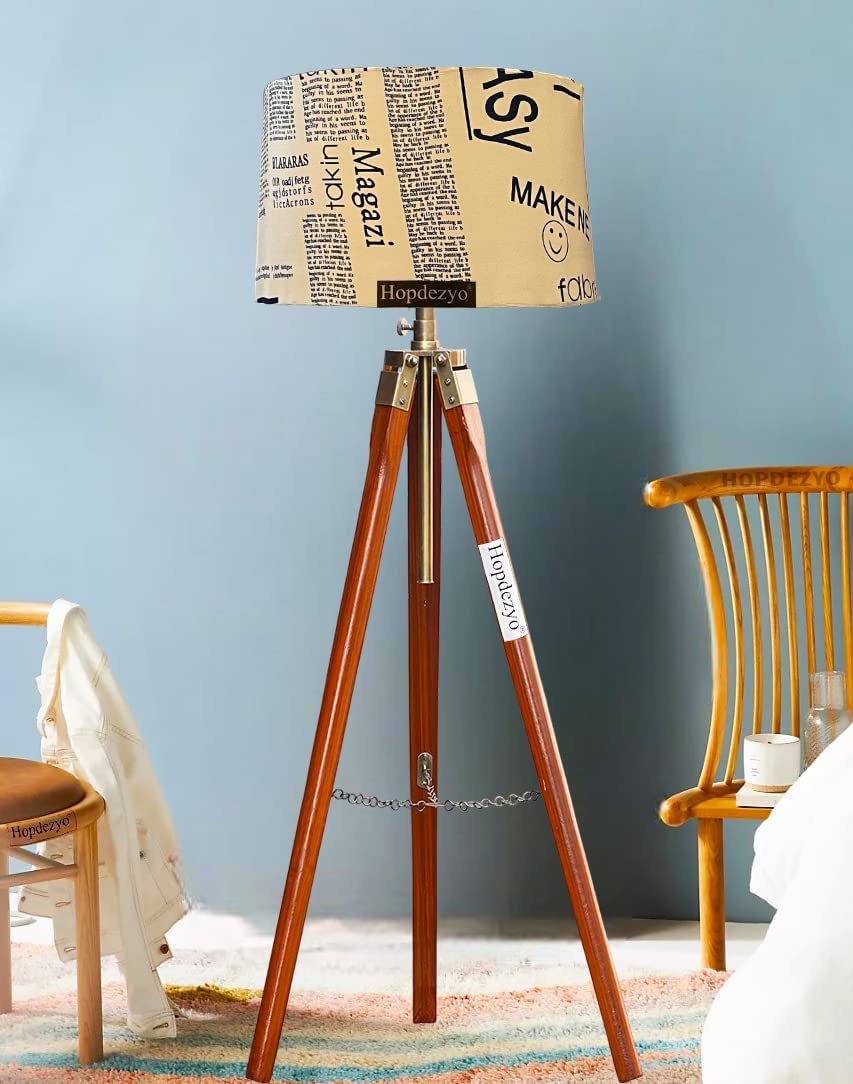 Hopdezyo Wooden Crafter Designer Corner Floor Lamp English Cream Print Drum Shade for Living Room, Bedroom, Home Decors Gift