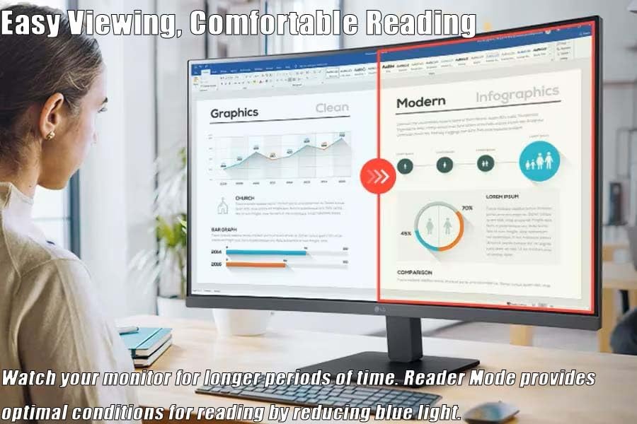 Person using monitor with Reader Mode enabled for comfortable viewing