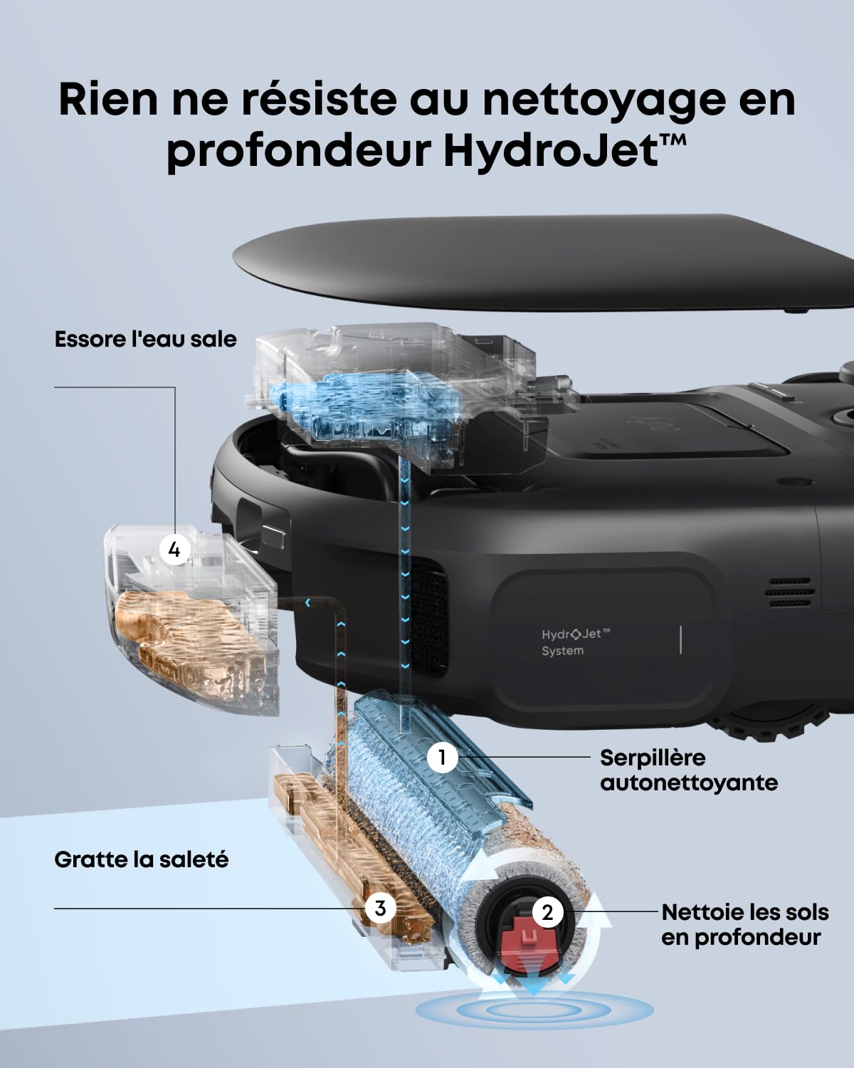 Robot aspirateur Laveur eufy C28 | Rouleau-serpillère HydroJet autonettoyant, 15 000 Pa, combo 5-en-1, conception anti-nœud, évitement des obstacles par IA