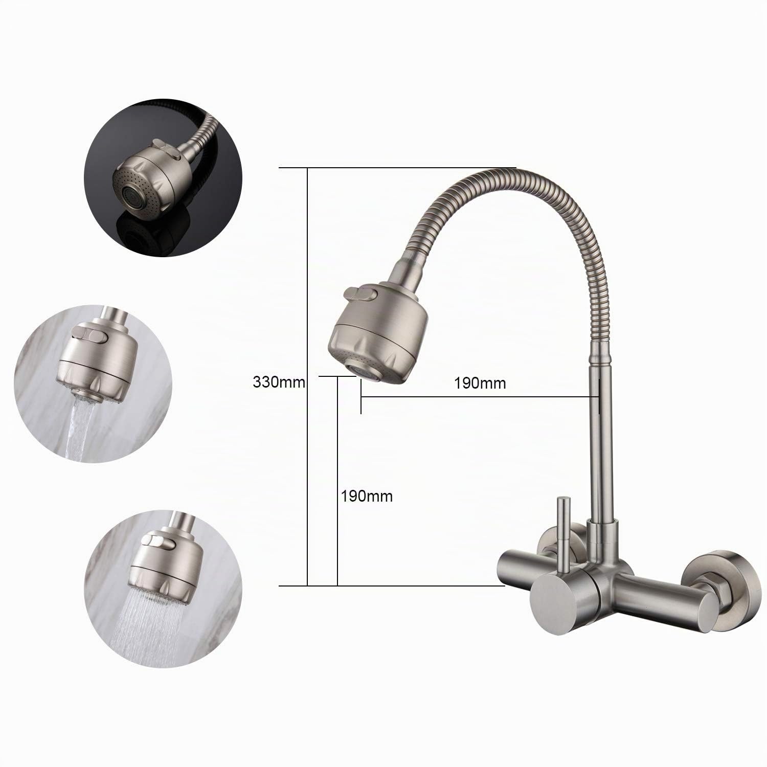 HomeLava Grifo de Cocina Montaje en Pared Grifo Flexible de 2 Funciones Pulverizador Rotación de 360 ° Grifo Cepillado Grifo Cocina Fregadero Acero Inoxidable 304