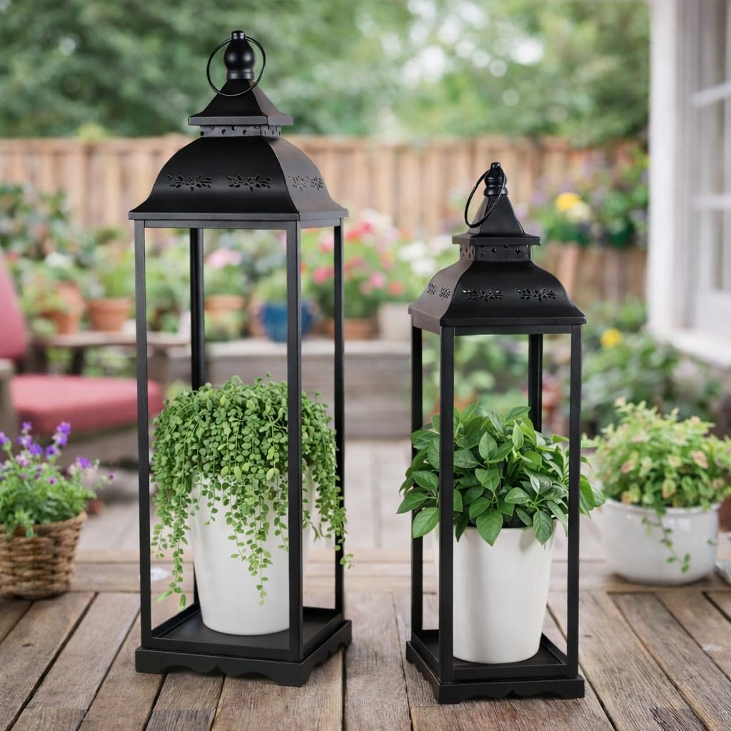 HAVITI 2 sztuki dużych lampionów dekoracyjnych do wnętrz, czarna latarnia wiejska na werandę, wysoka 56 cm, dekoracja latarni (bez szkła) z 2 szt. bezpłomieniowymi świecami, na ślub, do domu, na stół