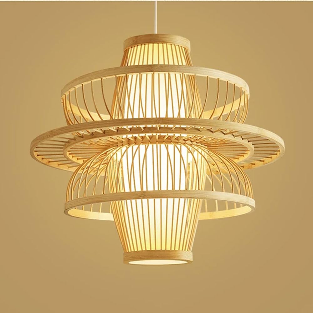 LQZCXMF 19.7" Faux Parchment Chandelier Chinese Style Multi-Layer Lantern 1-Light Boho Wicker Hanging Light Ceiling Decor Japanese Style Rattan Chandelier for Tea Room Restaurant Bar Counter