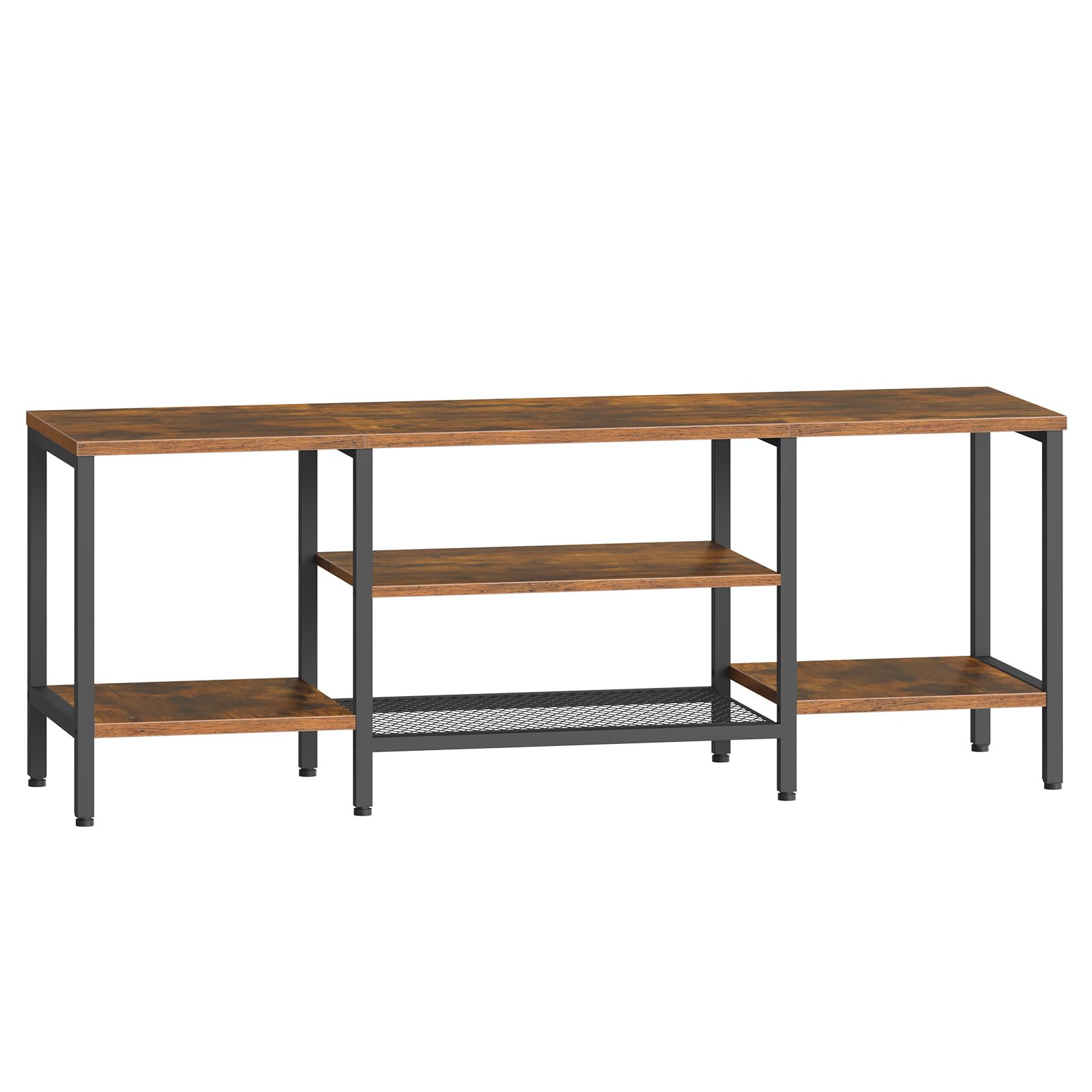 HOOBRO Meuble TV Style Industriel, Console Multimédia à 3 Niveaux, Étagères Grillagées pour Téléviseur de 65 Pouces, Rangement Ouvert, pour Salon, Marron Rustique et Noir EBF58DS01