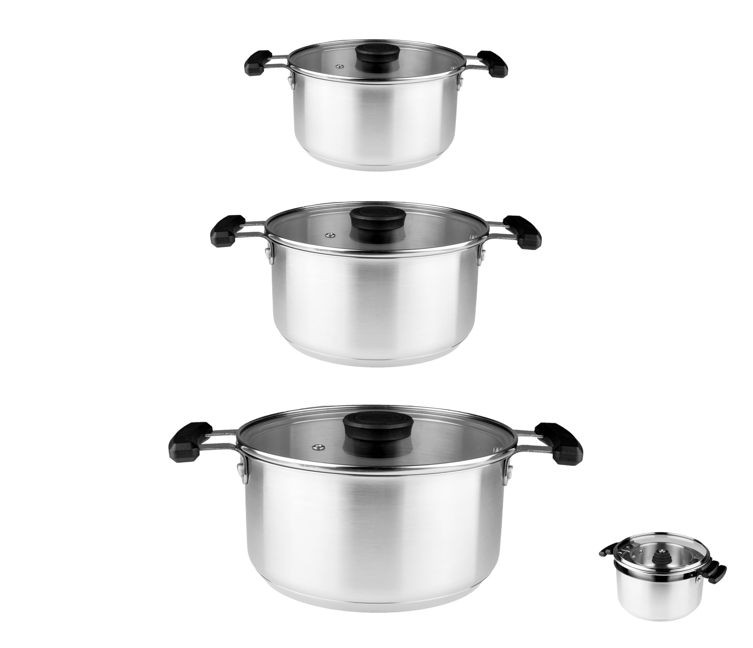 Pintinox, set 3 pentole salvaspazio impilabili in acciaio 18/10 con coperchio,batteria adatta all'induzione, Diametro 16, 20, 24 cm