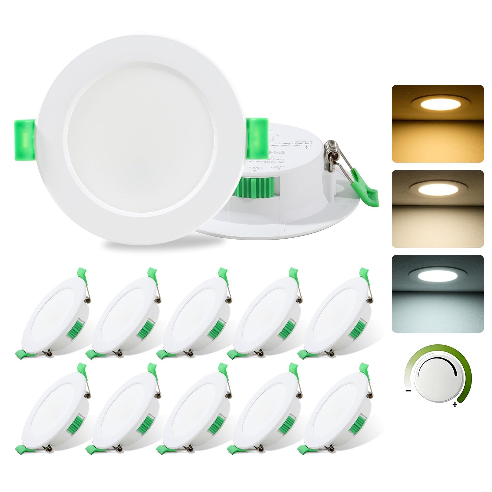 Fynokst LED Downlights for Ceiling Dimmable, 7W LED Downlights Ceiling Ultra Slim Cut Φ75-85MM, 3000K/4000K/6500K Adjustable IP44 Spot Light for Kitchen, Bathroom, Living Room, 12 Pack