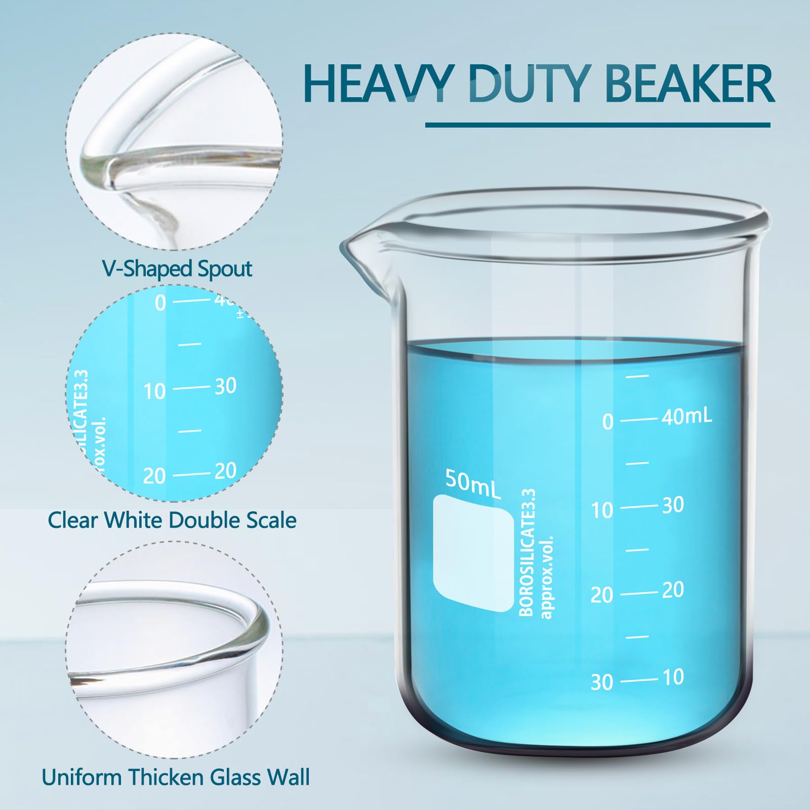 6PCS 50ml Glass Beakers Heavy Duty Beakers, White Double Scale Graduation, Borosilicate 3.3 Glass Lab Beaker, Low Form Griffin Measuring Beaker (6, 50ML) — Amazon image 3