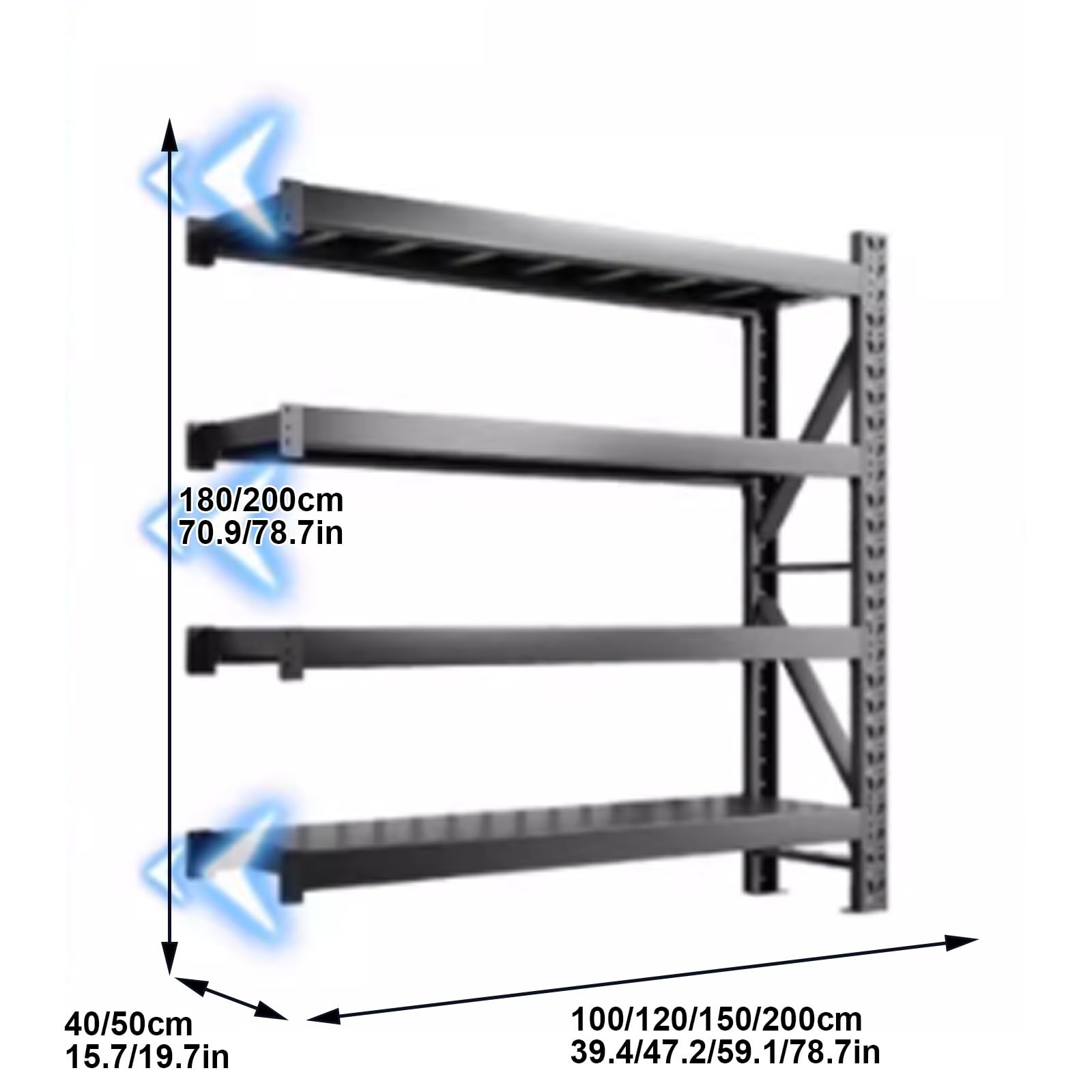 Wytrzymałe wielowarstwowe metalowe regały magazynowe regały o dużej pojemności do magazynów i supermarketów Łatwy montaż Wymiary: 200 x 50 x 200 cm (78,7 x 19,7 x 78,7 cala)