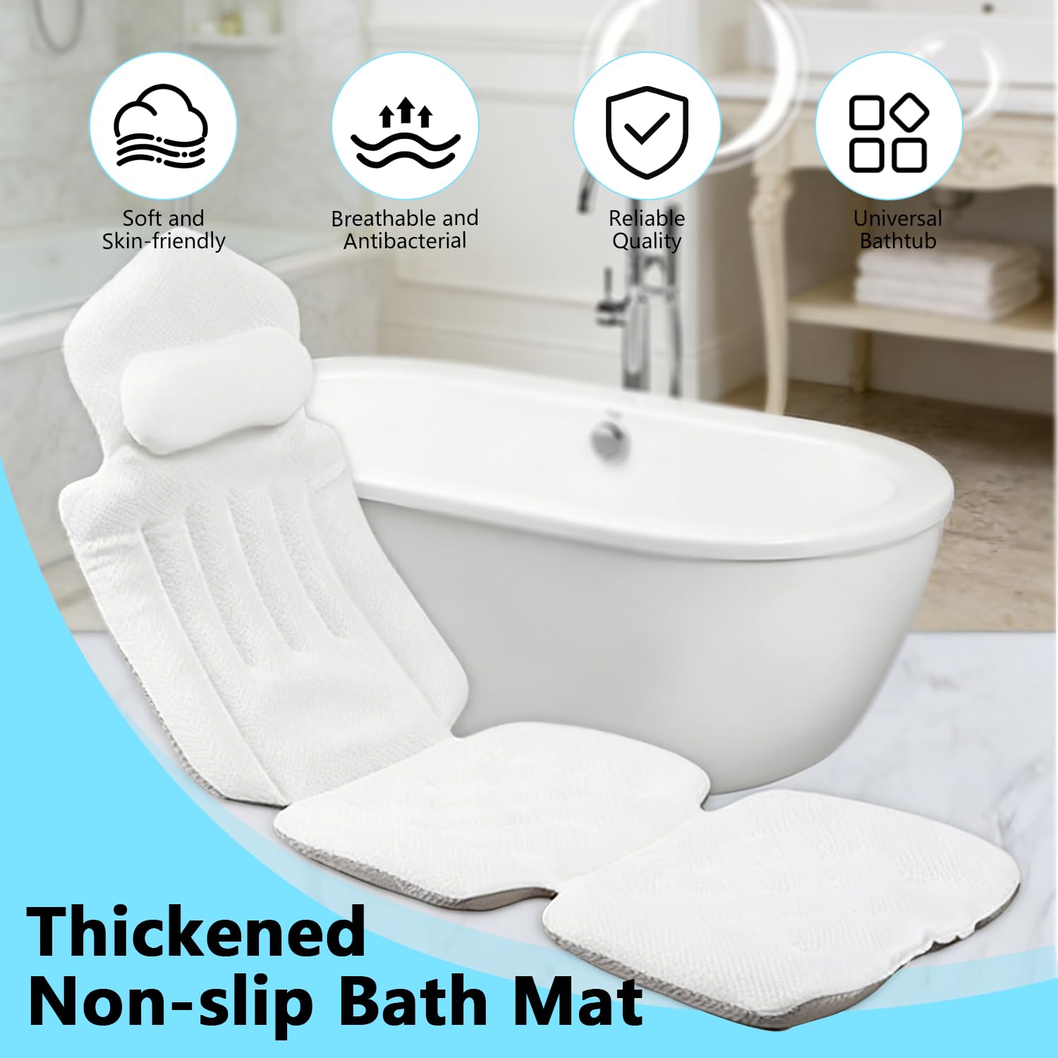 Coussin de bain complet pour baignoire, coussin de bain en maille aérée 3D avec coussins cervical et lombaires et ventouses antidérapantes, coussin de bain avec soutien de la tête, du cou et du dos