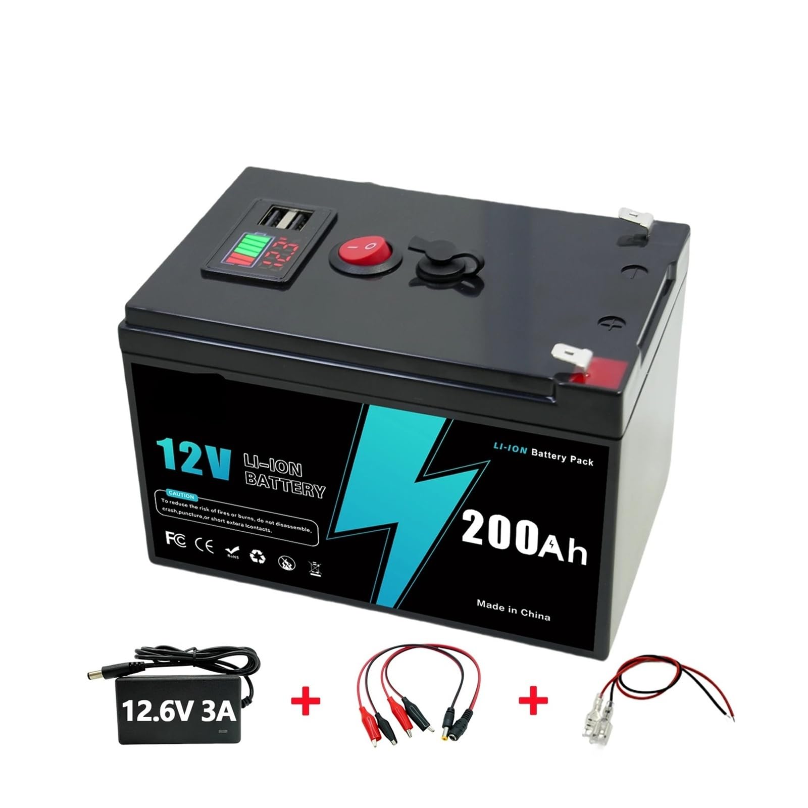 Batteria ricaricabile da 12 V Batteria al litio ferro fosfato da 200 Ah con BMS for applicazioni affidabili RVOff-Grid, marine e solari(12v 200Ah-charger)