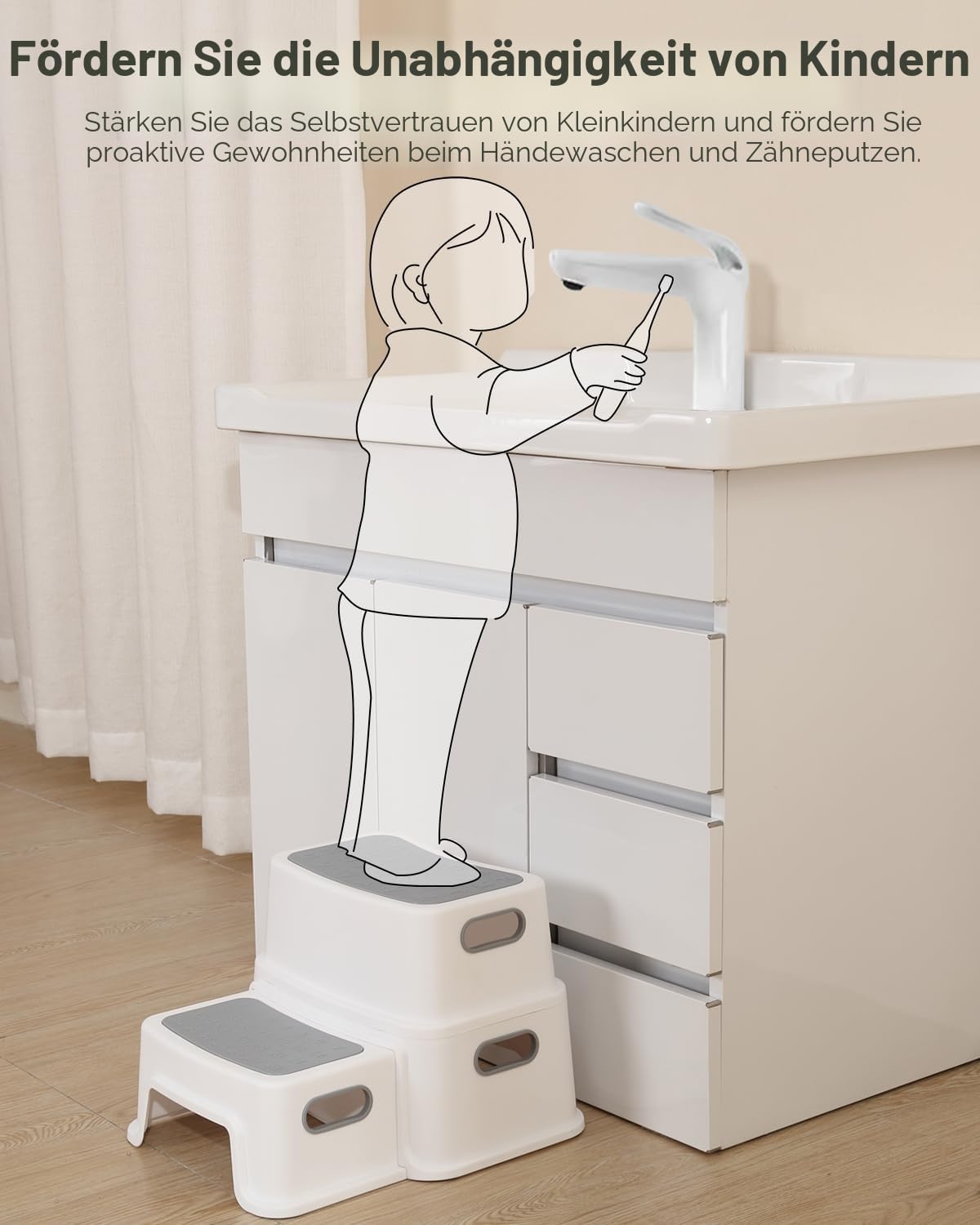 Tritthocker Kinder 2 Stufen, Robuster Hocker Zweistufiger Tritthocker für Badezimmer, Waschbecken und Toilette, Anti-Kipp und Anti-Rutsch, Sicherer für Kleinkinder Polypropylen (PP) Weiß